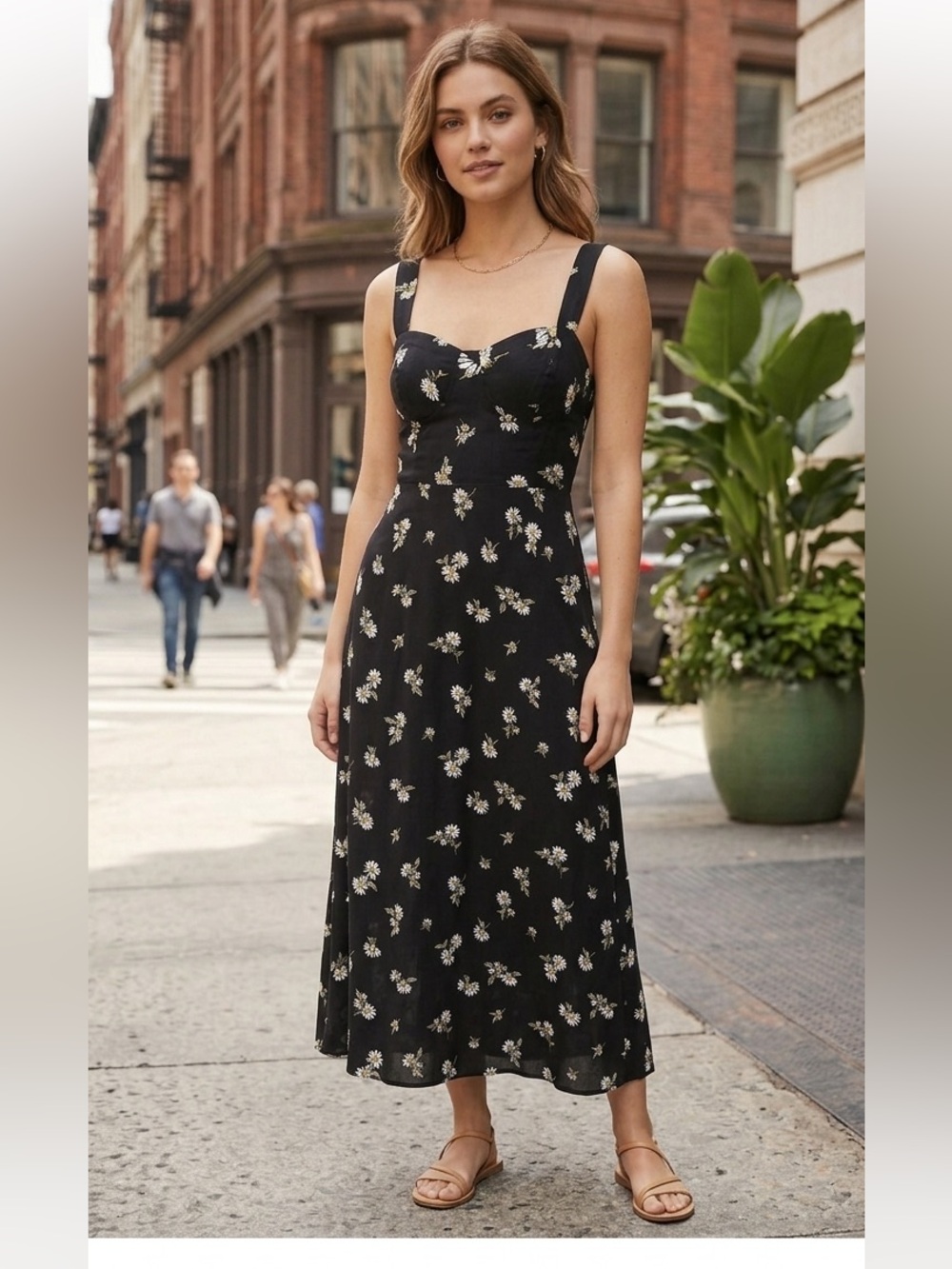 Topshop Black Daisy Print Midi Dress - Size 4 petite - Cotton Lining